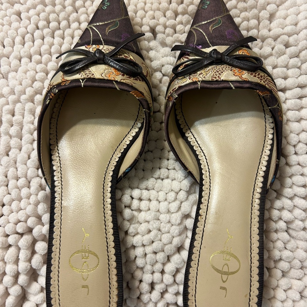 Joey Brown and Gold Asian-Inspired Kitten Heels with Pointed Toe